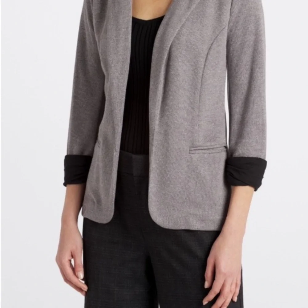 Skies Are Blue Asa Knit Blazer Gray Charcoal Open Front 3/4 Sleeves Cuffs Small